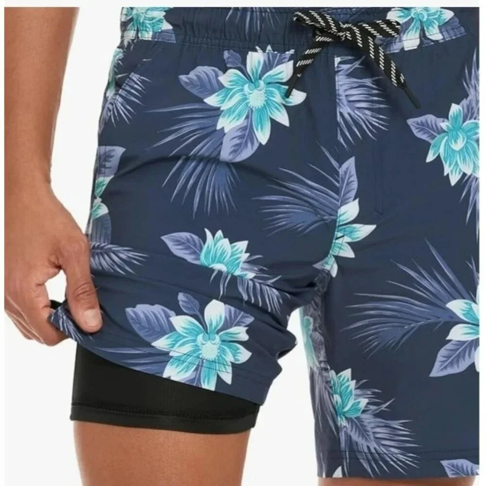 Hurley Men's S Tropical Floral Print Swim Shorts In Navy Blue & Teal N0995